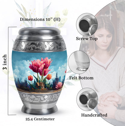 Azure Garden Tulip Cremation Urn lifestyle display on memorial shelf - regal garden tulip design with crown-inspired accents - mini keepsake memorial for portion of cremation ashes