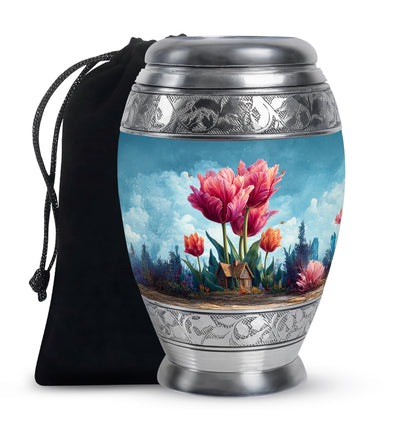 Soft Blue Garden Tulip Cremation Urn back view with polished surface - royal garden tulip engraving with decorative scrollwork - full-size 10 inch 200 cubic inch adult cremation urn