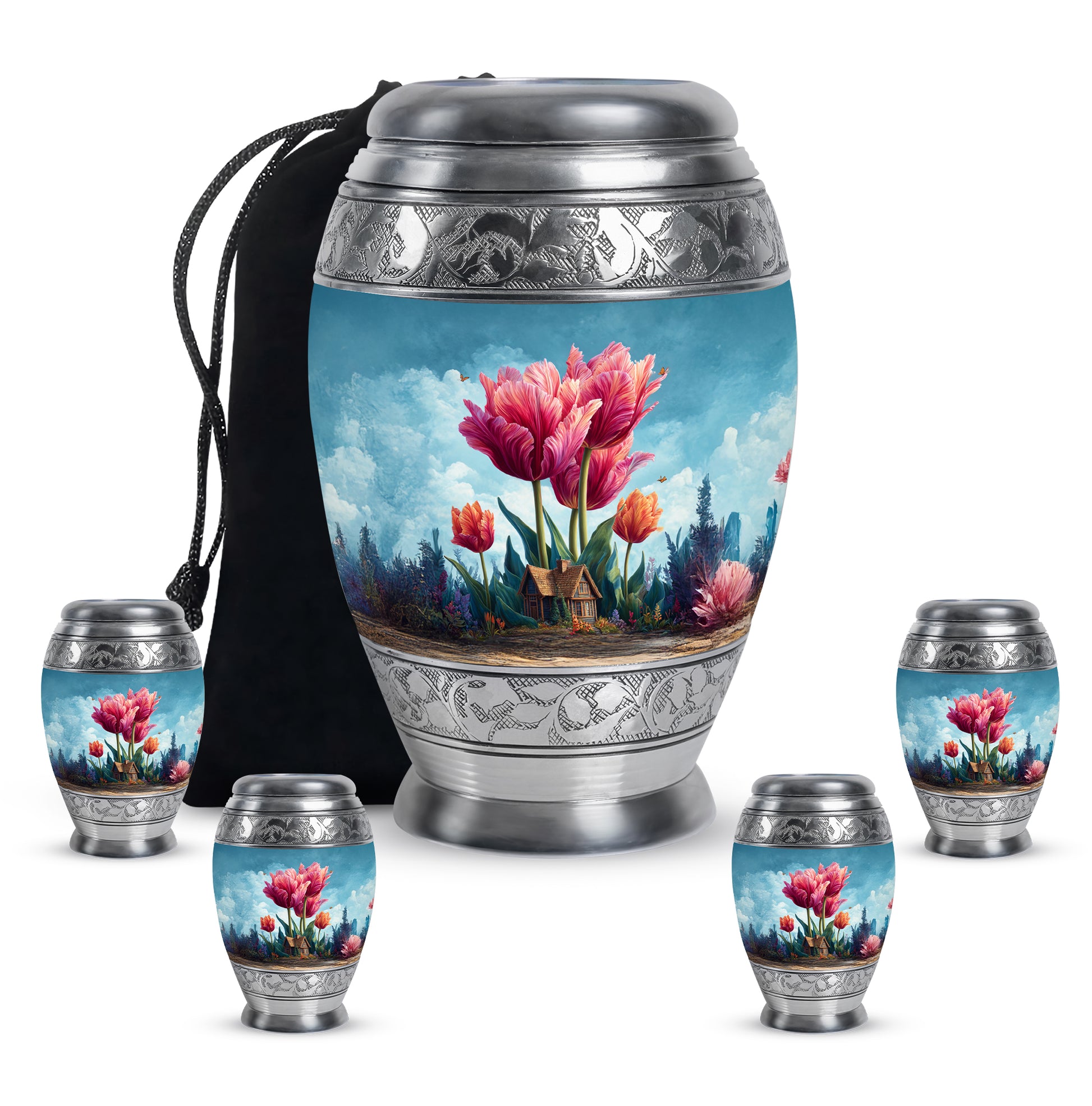 Steel Blue Garden Tulip Cremation Urn detail view - royal garden tulip engraving with decorative scrollwork - memorial set with one large and four small urns