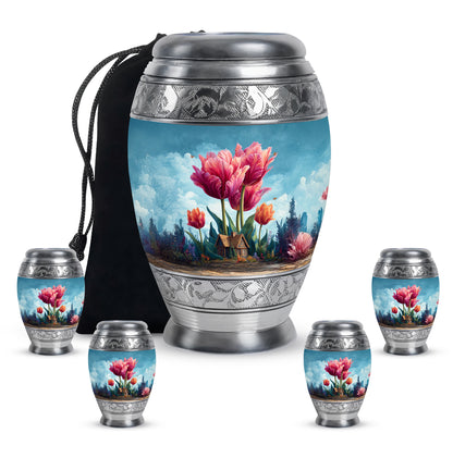 Steel Blue Garden Tulip Cremation Urn detail view - royal garden tulip engraving with decorative scrollwork - memorial set with one large and four small urns