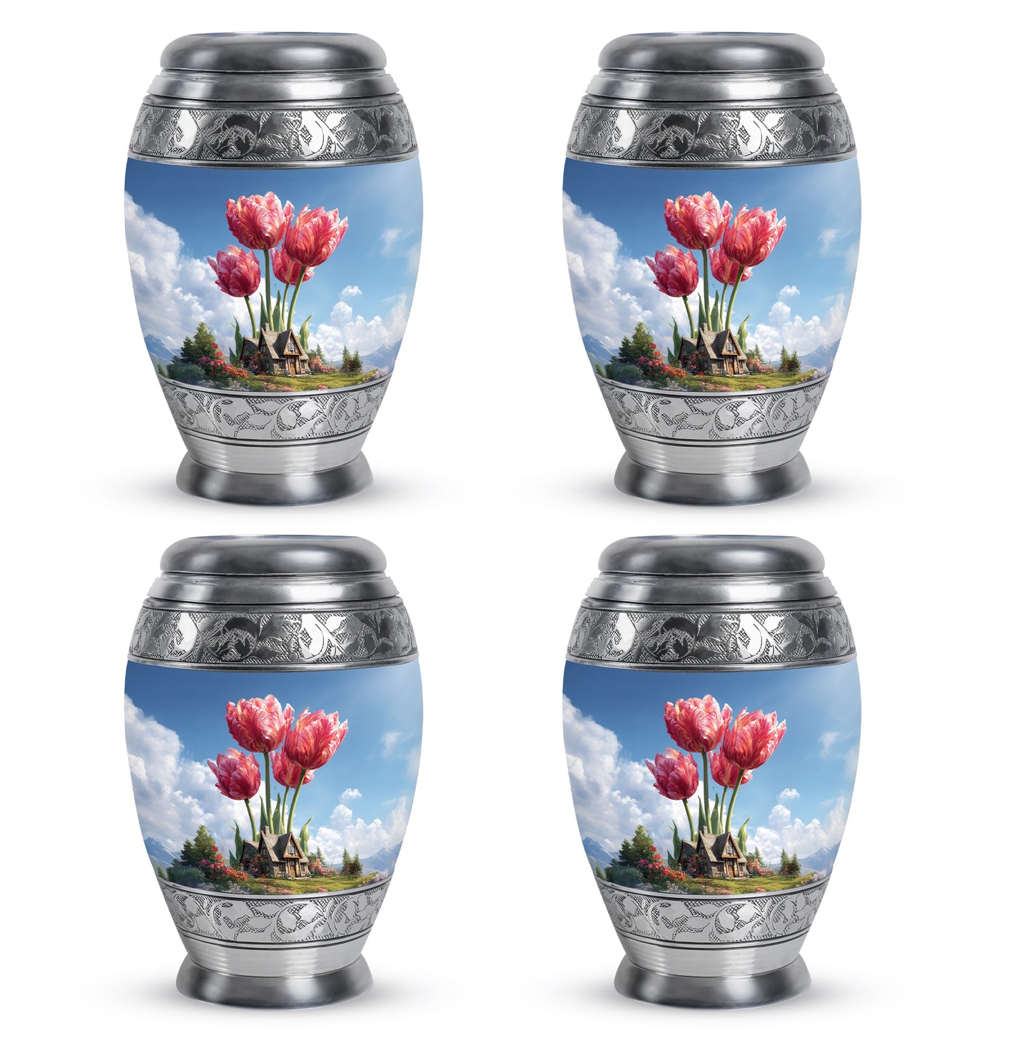 Indigo Garden Tulip Cremation Urn urn with complimentary velvet bag - regal garden tulip design with crown-inspired accents - 10 inch aluminum urn for cremated remains