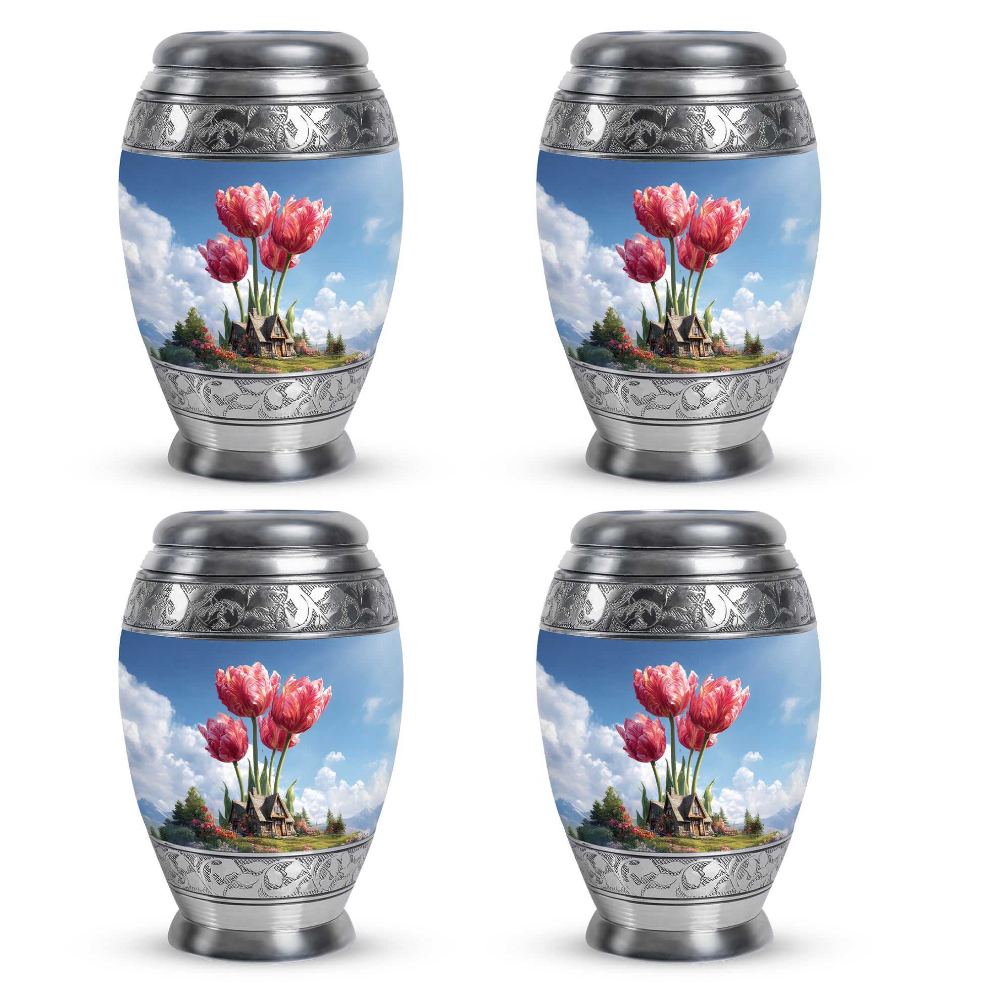 Indigo Garden Tulip Cremation Urn urn with complimentary velvet bag - regal garden tulip design with crown-inspired accents - 10 inch aluminum urn for cremated remains