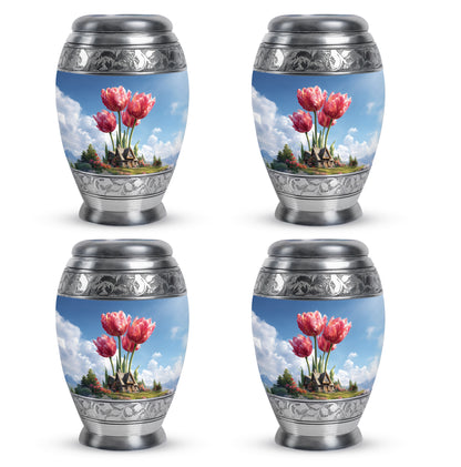 Indigo Garden Tulip Cremation Urn urn with complimentary velvet bag - regal garden tulip design with crown-inspired accents - 10 inch aluminum urn for cremated remains