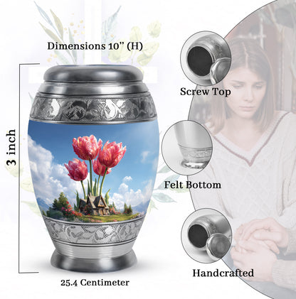 Pastel Blue Garden Tulip Cremation Urn lifestyle display on memorial shelf - ornate monarch-style garden tulip relief on brushed aluminum - mini keepsake memorial for portion of cremation ashes