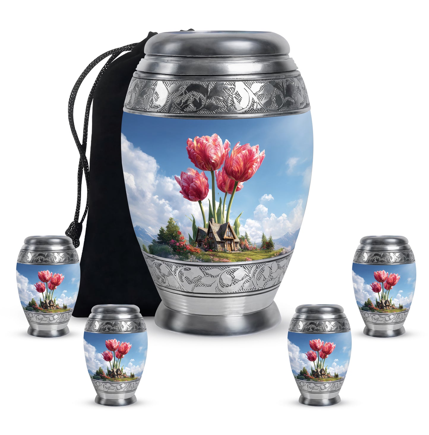Celestial Blue Garden Tulip Cremation Urn detail view - ornate monarch-style garden tulip relief on brushed aluminum - memorial set with one large and four small urns