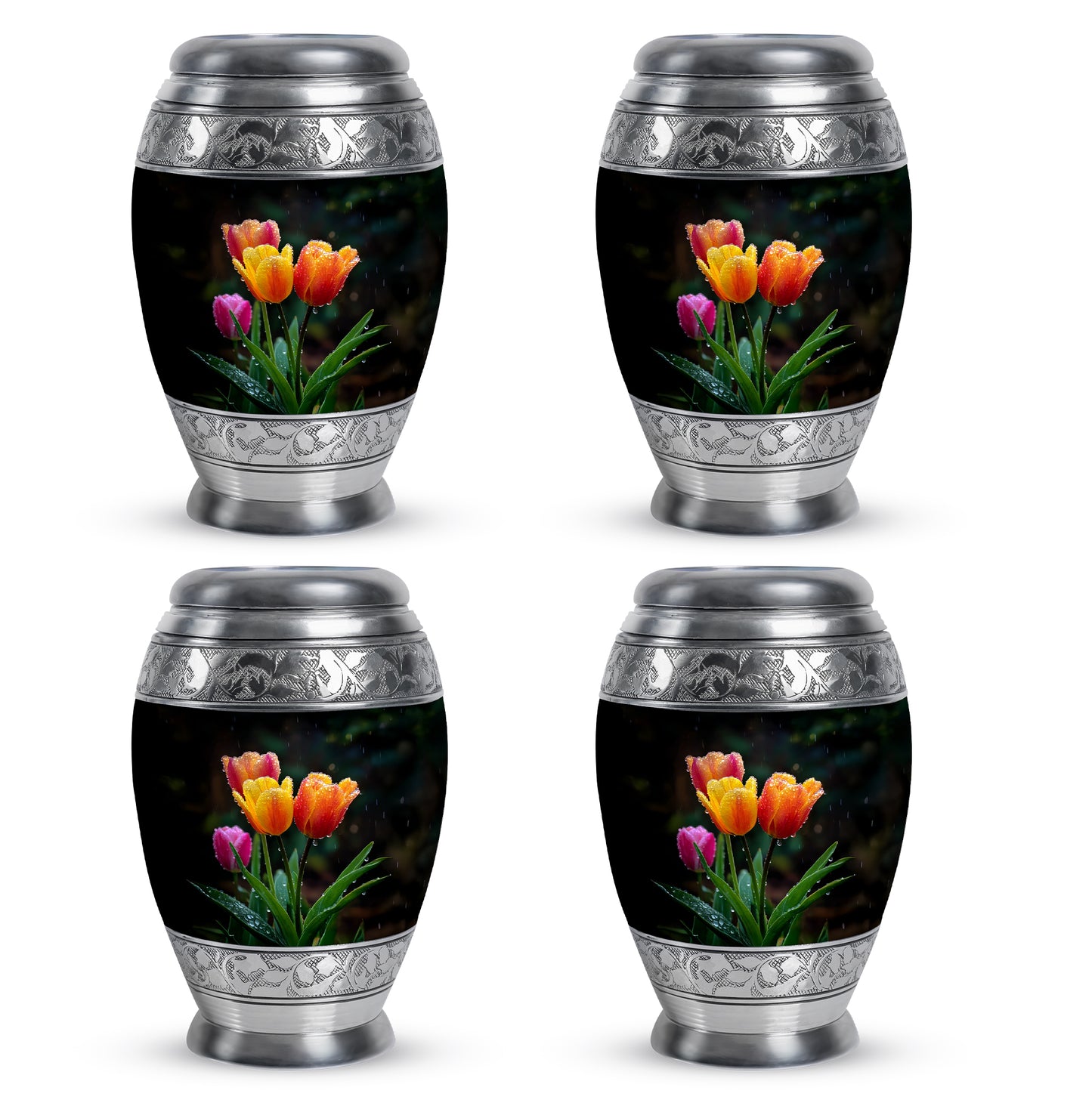 Glossy Black Garden Tulip Cremation Urn urn with complimentary velvet bag - ornate monarch-style garden tulip relief on brushed aluminum - 10 inch aluminum urn for cremated remains