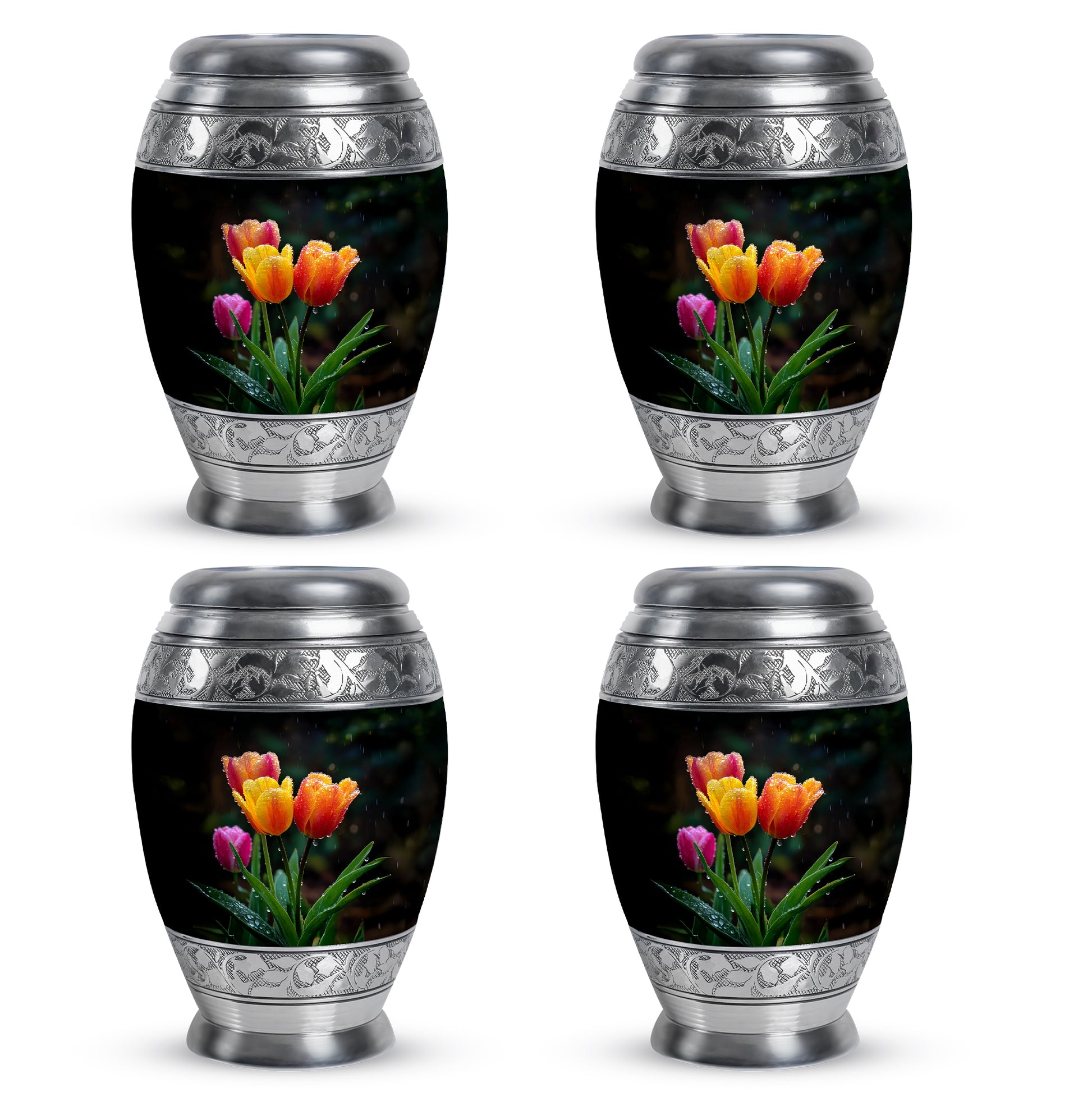 Glossy Black Garden Tulip Cremation Urn urn with complimentary velvet bag - ornate monarch-style garden tulip relief on brushed aluminum - 10 inch aluminum urn for cremated remains