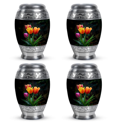 Glossy Black Garden Tulip Cremation Urn urn with complimentary velvet bag - ornate monarch-style garden tulip relief on brushed aluminum - 10 inch aluminum urn for cremated remains