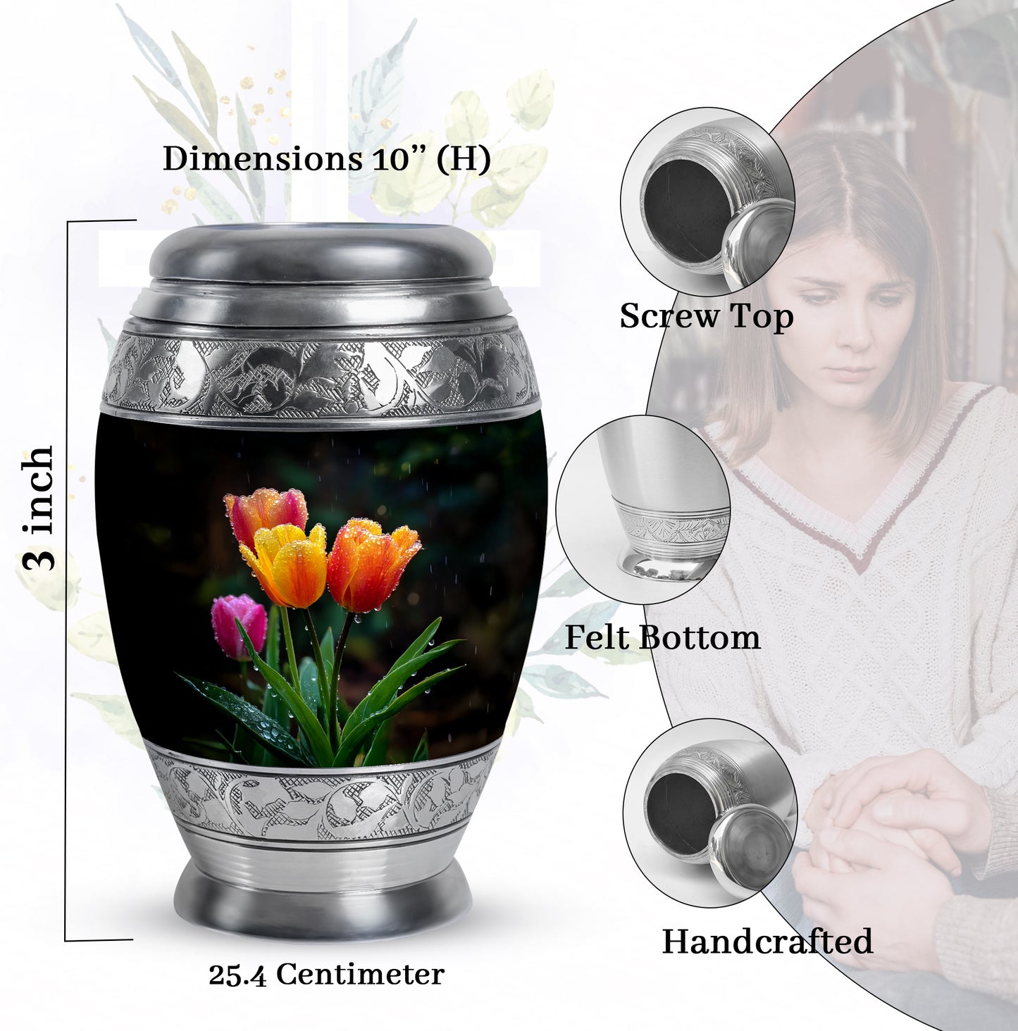 Rich Black Garden Tulip Cremation Urn lifestyle display on memorial shelf - regal garden tulip design with crown-inspired accents - mini keepsake memorial for portion of cremation ashes