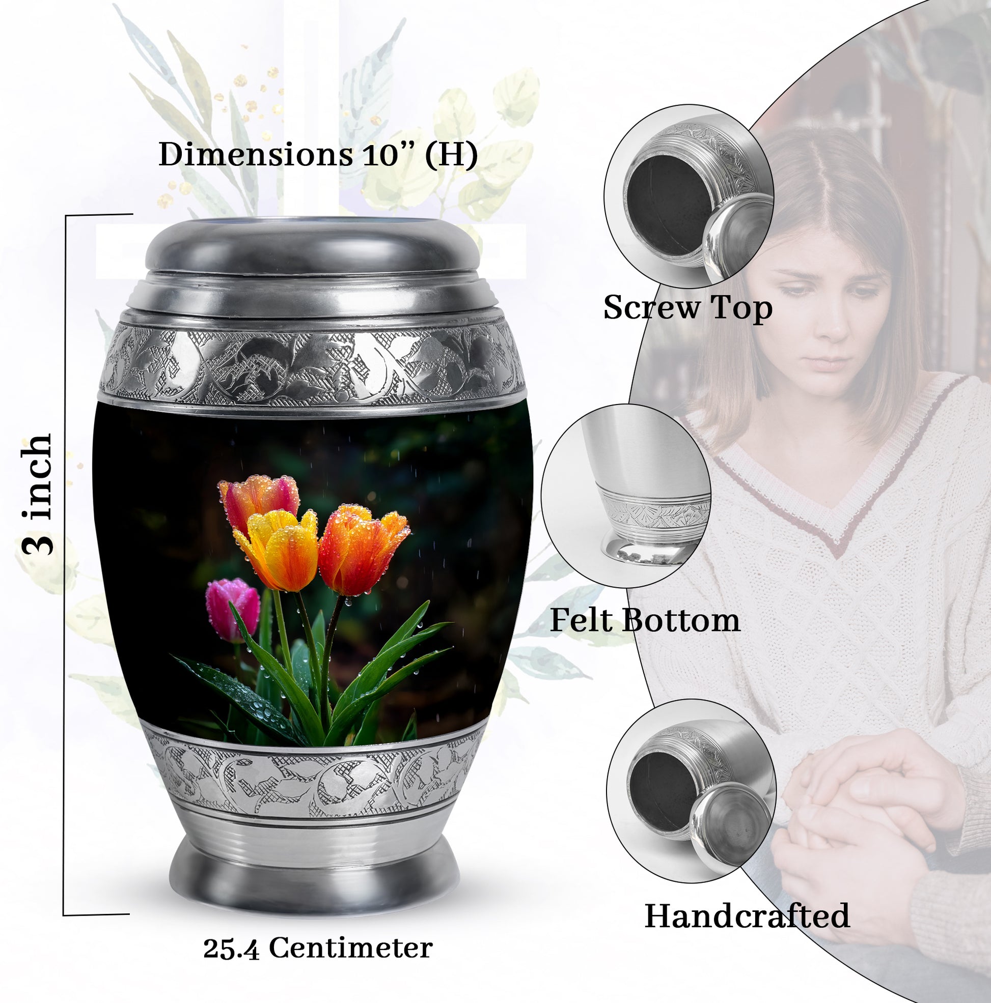 Rich Black Garden Tulip Cremation Urn lifestyle display on memorial shelf - regal garden tulip design with crown-inspired accents - mini keepsake memorial for portion of cremation ashes