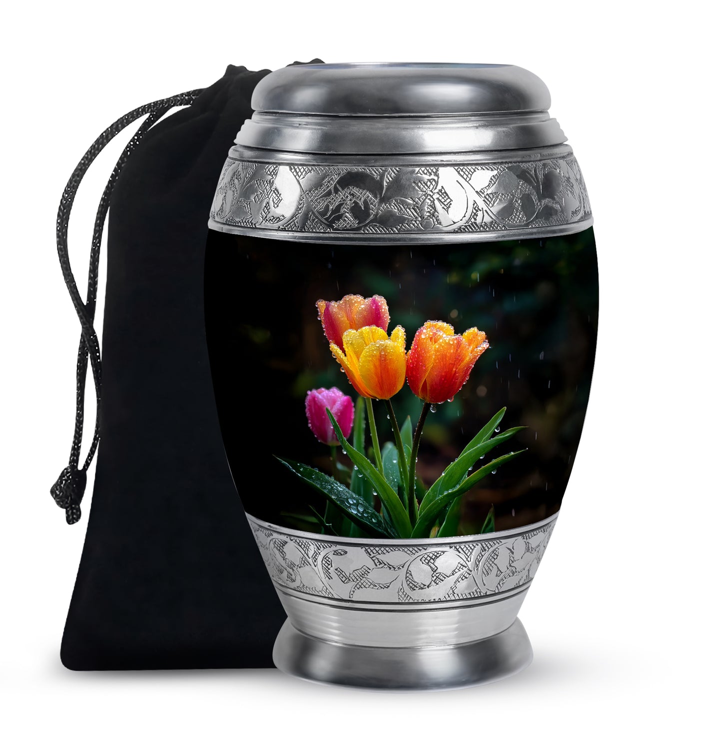 Jet Black Garden Tulip Cremation Urn back view with polished surface - regal garden tulip design with crown-inspired accents - full-size 10 inch 200 cubic inch adult cremation urn