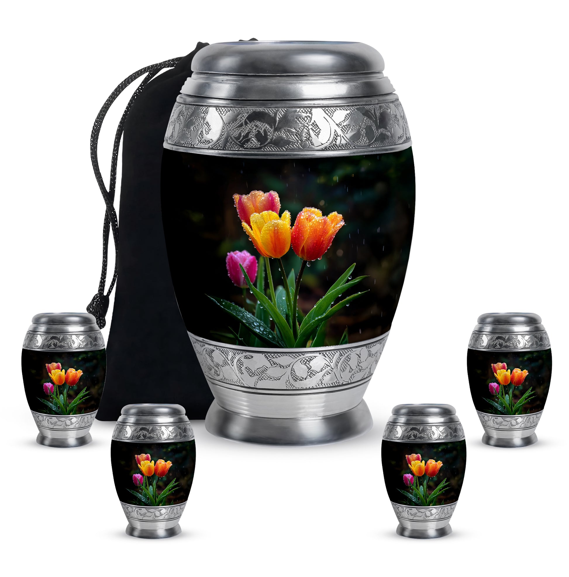 Glossy Black Garden Tulip Cremation Urn detail view - regal garden tulip design with crown-inspired accents - memorial set with one large and four small urns