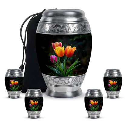 Glossy Black Garden Tulip Cremation Urn detail view - regal garden tulip design with crown-inspired accents - memorial set with one large and four small urns