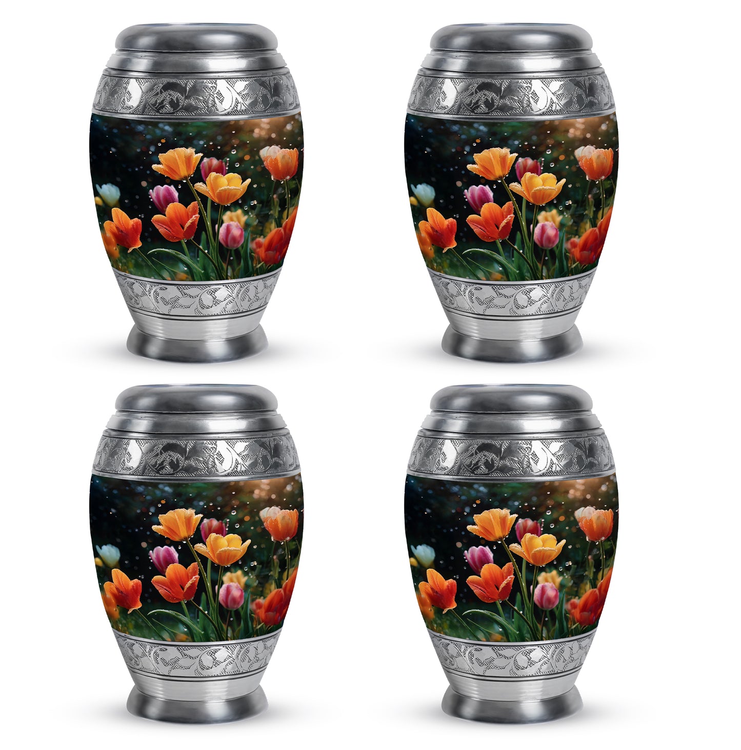 Obsidian Black Garden Tulip Cremation Urn urn with complimentary velvet bag - royal garden tulip engraving with decorative scrollwork - 10 inch aluminum urn for cremated remains