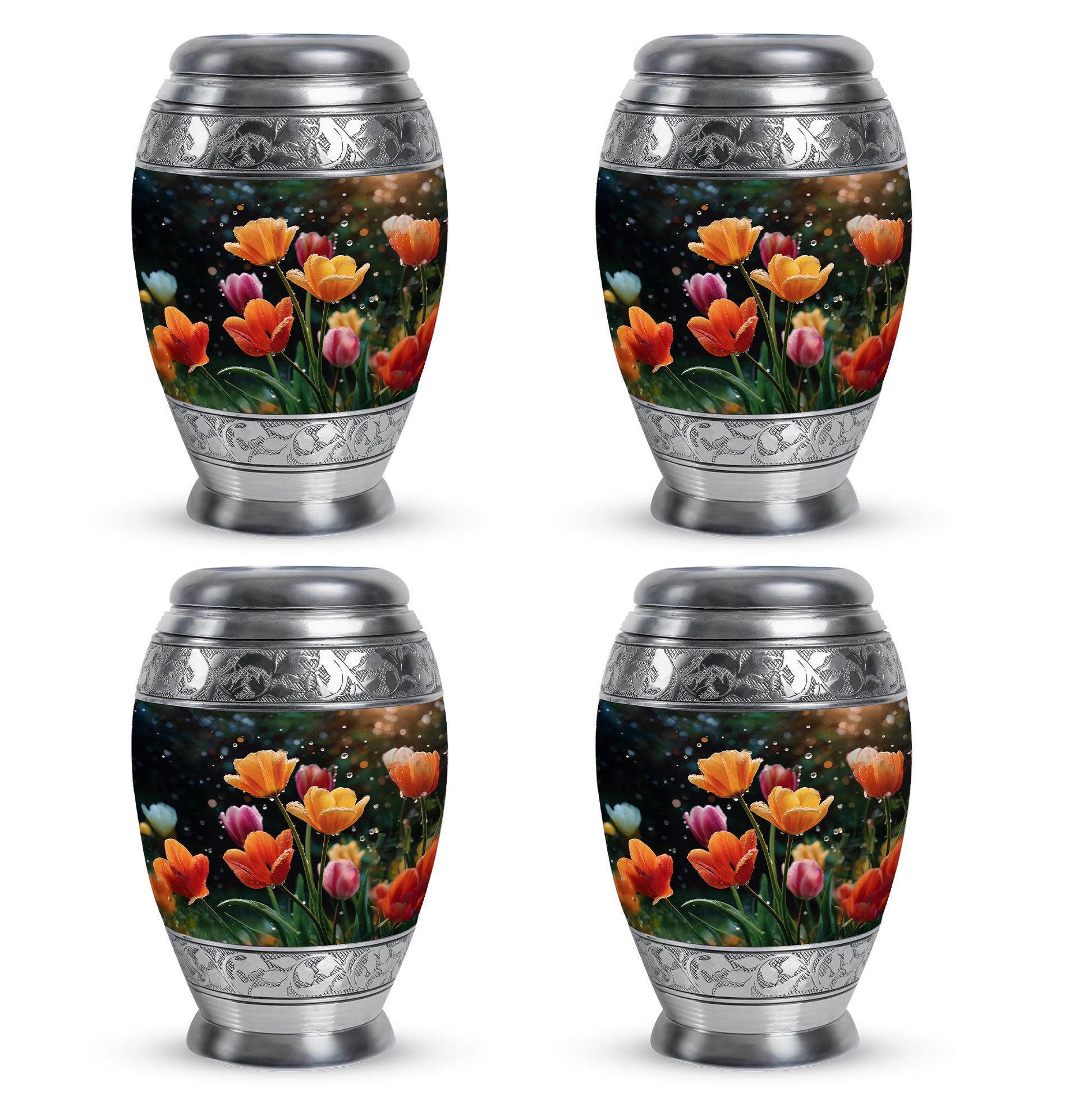 Obsidian Black Garden Tulip Cremation Urn urn with complimentary velvet bag - royal garden tulip engraving with decorative scrollwork - 10 inch aluminum urn for cremated remains
