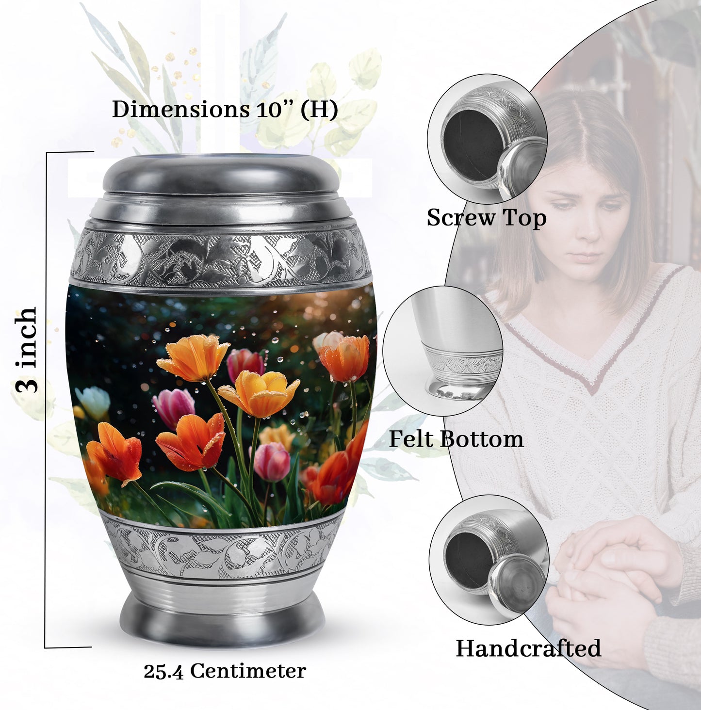 Obsidian Black Garden Tulip Cremation Urn lifestyle display on memorial shelf - royal garden tulip engraving with decorative scrollwork - mini keepsake memorial for portion of cremation ashes