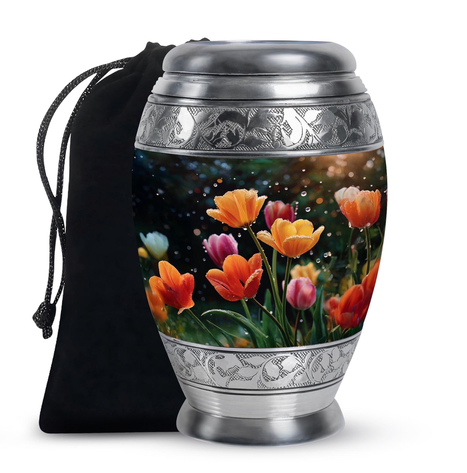 Deep Black Garden Tulip Cremation Urn back view with polished surface - regal garden tulip design with crown-inspired accents - full-size 10 inch 200 cubic inch adult cremation urn