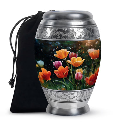 Deep Black Garden Tulip Cremation Urn back view with polished surface - regal garden tulip design with crown-inspired accents - full-size 10 inch 200 cubic inch adult cremation urn
