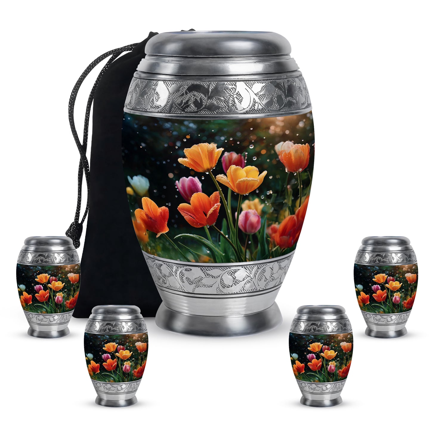 Midnight Black Garden Tulip Cremation Urn detail view - majestic garden tulip pattern with filigree border - memorial set with one large and four small urns
