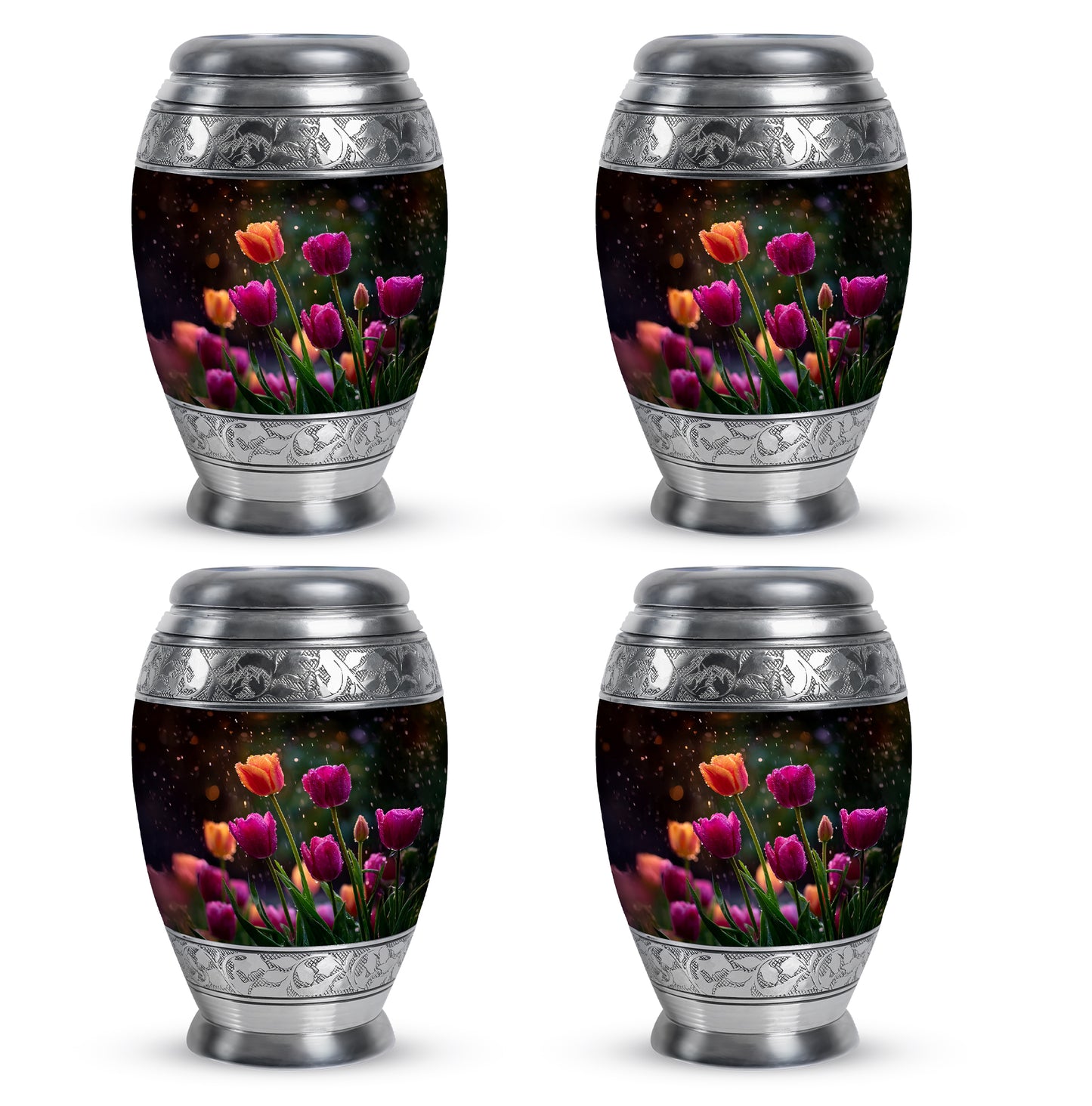 Glossy Black Garden Tulip Cremation Urn urn with complimentary velvet bag - regal garden tulip design with crown-inspired accents - 10 inch aluminum urn for cremated remains