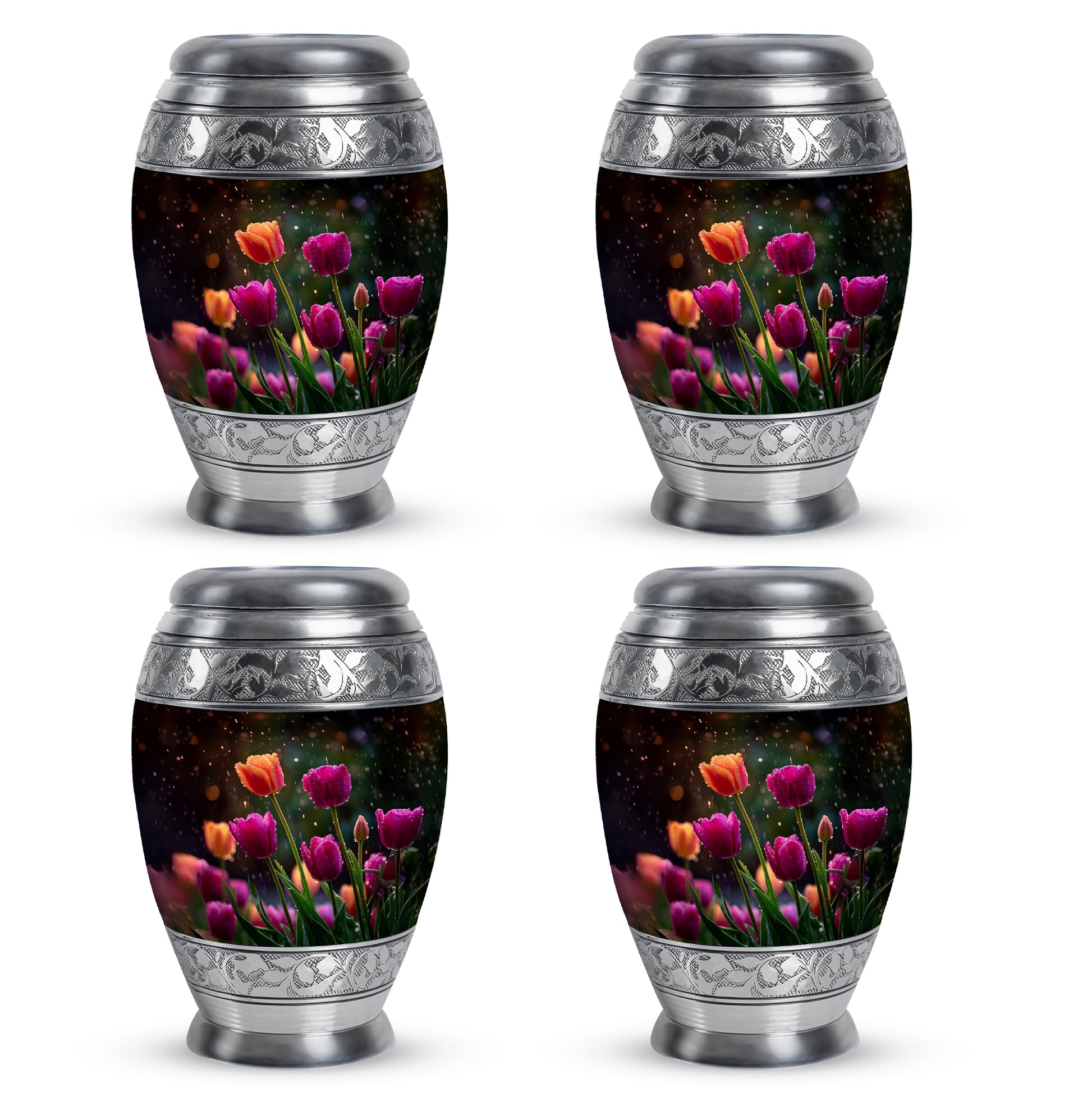 Glossy Black Garden Tulip Cremation Urn urn with complimentary velvet bag - regal garden tulip design with crown-inspired accents - 10 inch aluminum urn for cremated remains