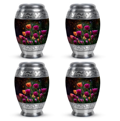Glossy Black Garden Tulip Cremation Urn urn with complimentary velvet bag - regal garden tulip design with crown-inspired accents - 10 inch aluminum urn for cremated remains