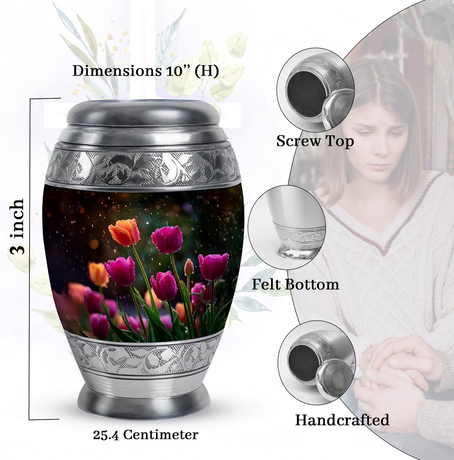 Obsidian Black Garden Tulip Cremation Urn lifestyle display on memorial shelf - majestic garden tulip pattern with filigree border - mini keepsake memorial for portion of cremation ashes
