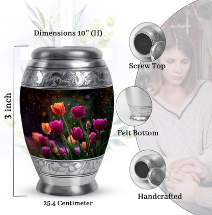 Obsidian Black Garden Tulip Cremation Urn lifestyle display on memorial shelf - majestic garden tulip pattern with filigree border - mini keepsake memorial for portion of cremation ashes
