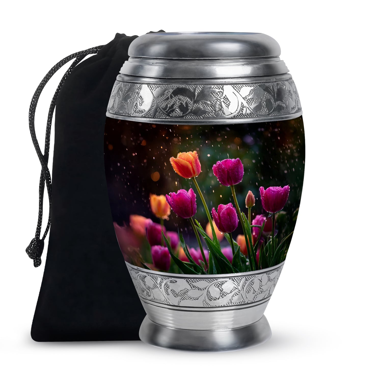 Glossy Black Garden Tulip Cremation Urn back view with polished surface - regal garden tulip design with crown-inspired accents - full-size 10 inch 200 cubic inch adult cremation urn