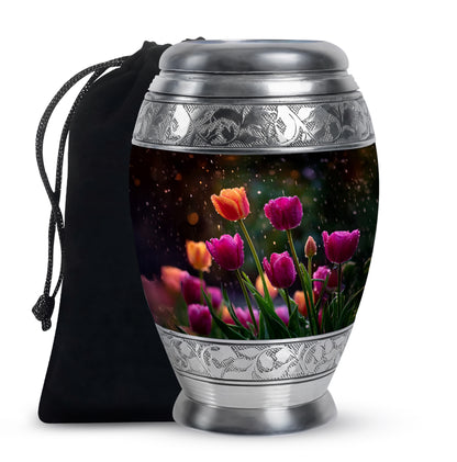 Glossy Black Garden Tulip Cremation Urn back view with polished surface - regal garden tulip design with crown-inspired accents - full-size 10 inch 200 cubic inch adult cremation urn