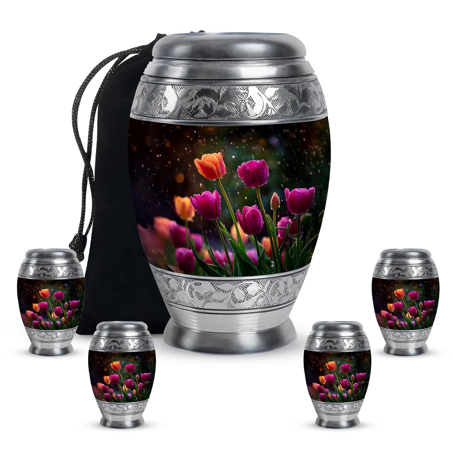 Onyx Black Garden Tulip Cremation Urn detail view - royal garden tulip engraving with decorative scrollwork - memorial set with one large and four small urns