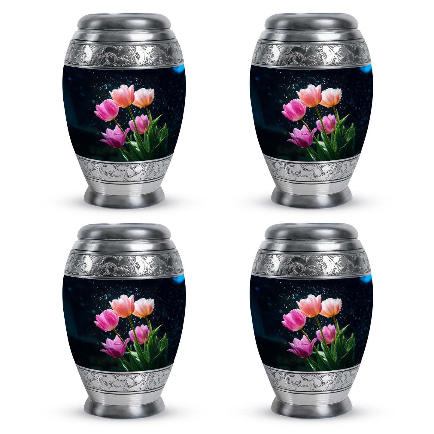 Bright Blue Garden Tulip Cremation Urn urn with complimentary velvet bag - royal garden tulip engraving with decorative scrollwork - 10 inch aluminum urn for cremated remains