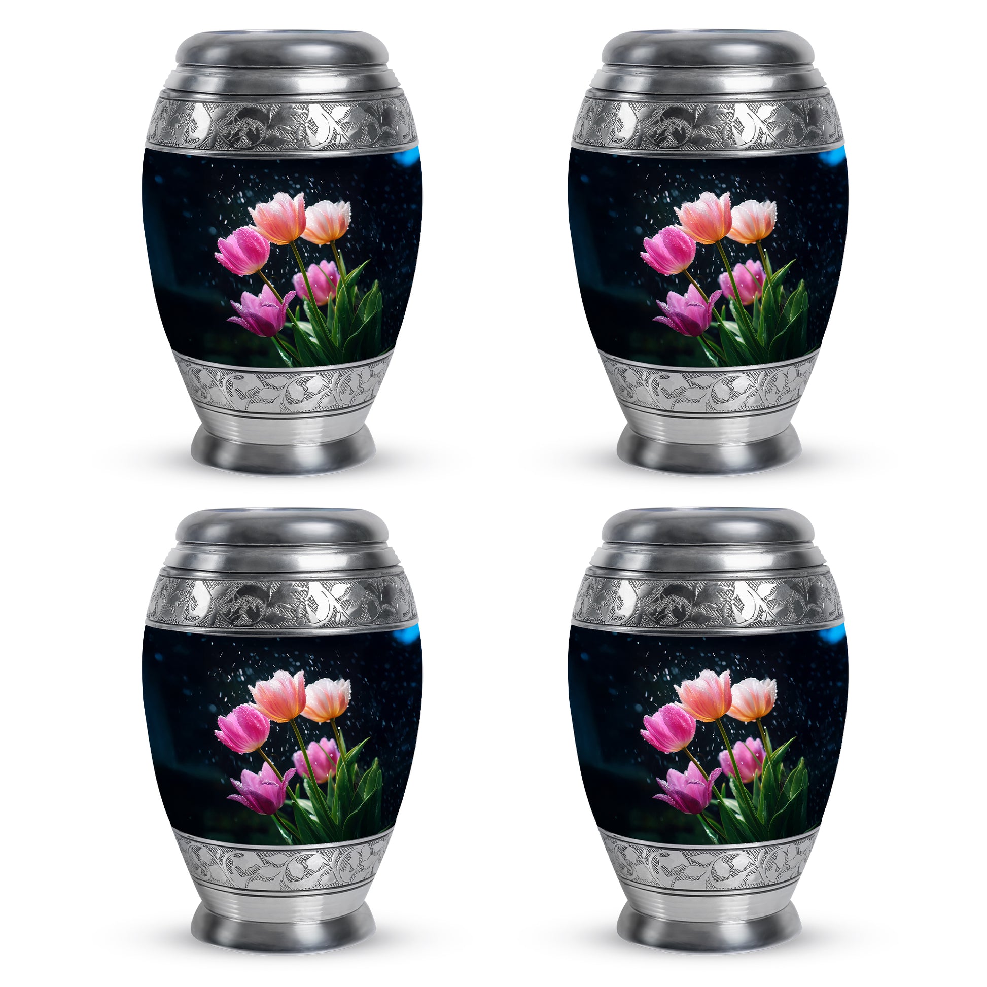 Bright Blue Garden Tulip Cremation Urn urn with complimentary velvet bag - royal garden tulip engraving with decorative scrollwork - 10 inch aluminum urn for cremated remains