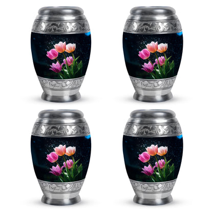 Bright Blue Garden Tulip Cremation Urn urn with complimentary velvet bag - royal garden tulip engraving with decorative scrollwork - 10 inch aluminum urn for cremated remains