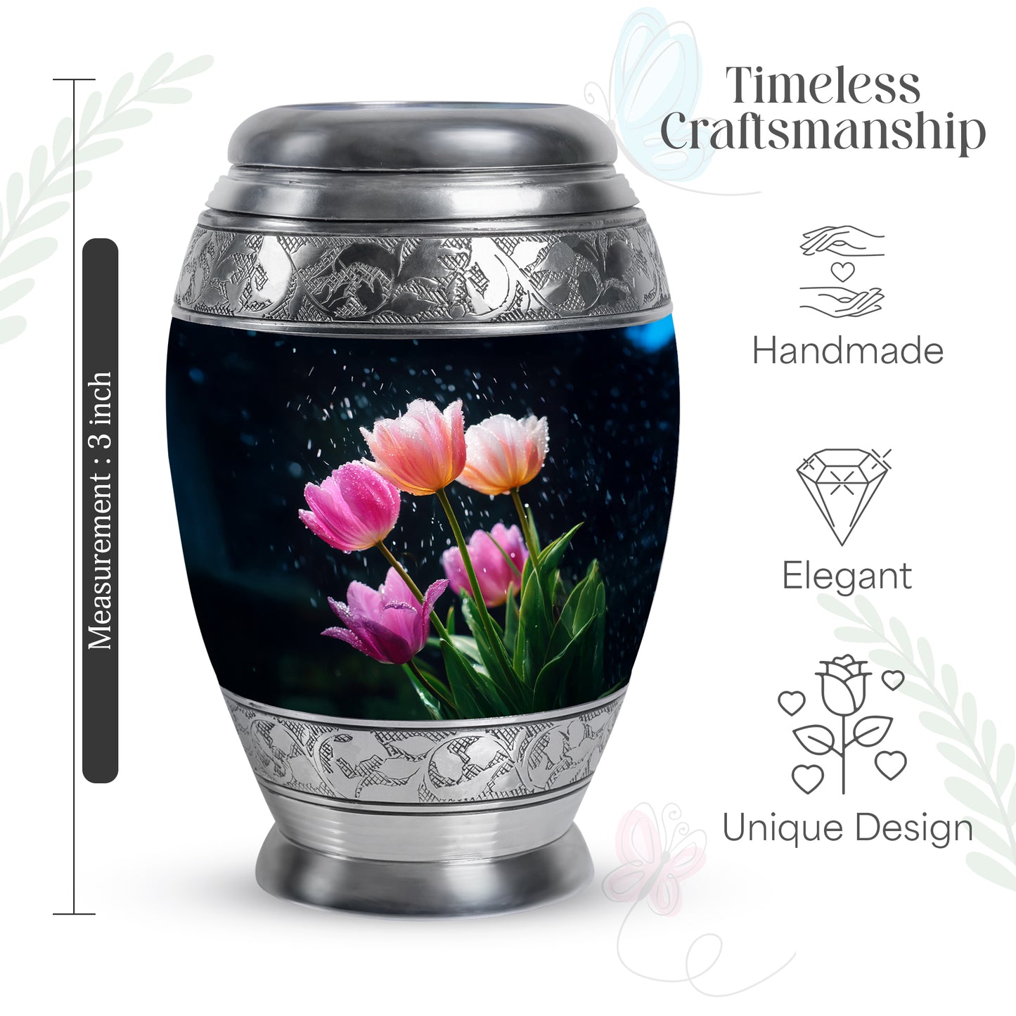 Serene Blue Garden Tulip Cremation Urn lifestyle display on memorial shelf - royal garden tulip engraving with decorative scrollwork - mini keepsake memorial for portion of cremation ashes
