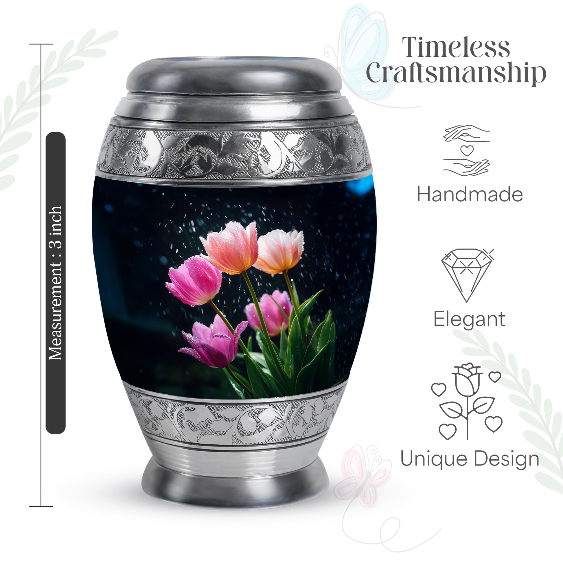 Serene Blue Garden Tulip Cremation Urn lifestyle display on memorial shelf - royal garden tulip engraving with decorative scrollwork - mini keepsake memorial for portion of cremation ashes