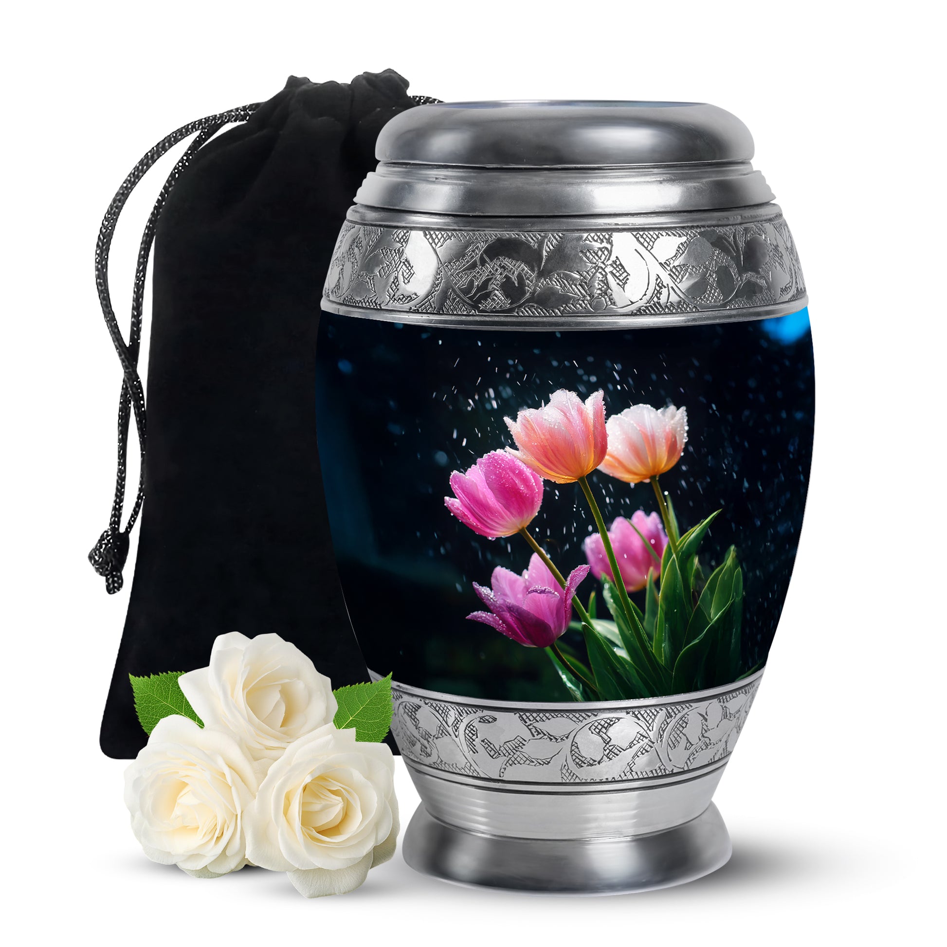 Sapphire Blue Garden Tulip Cremation Urn back view with polished surface - majestic garden tulip pattern with filigree border - full-size 10 inch 200 cubic inch adult cremation urn