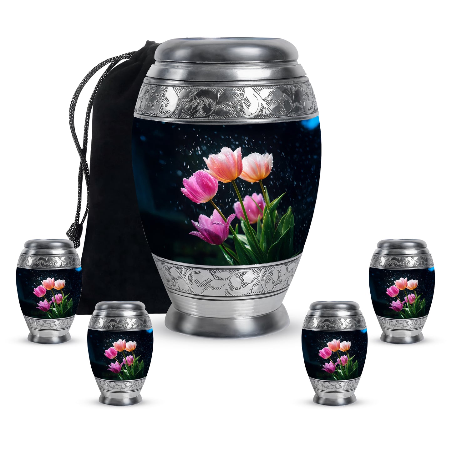 Steel Blue Garden Tulip Cremation Urn detail view - majestic garden tulip pattern with filigree border - memorial set with one large and four small urns