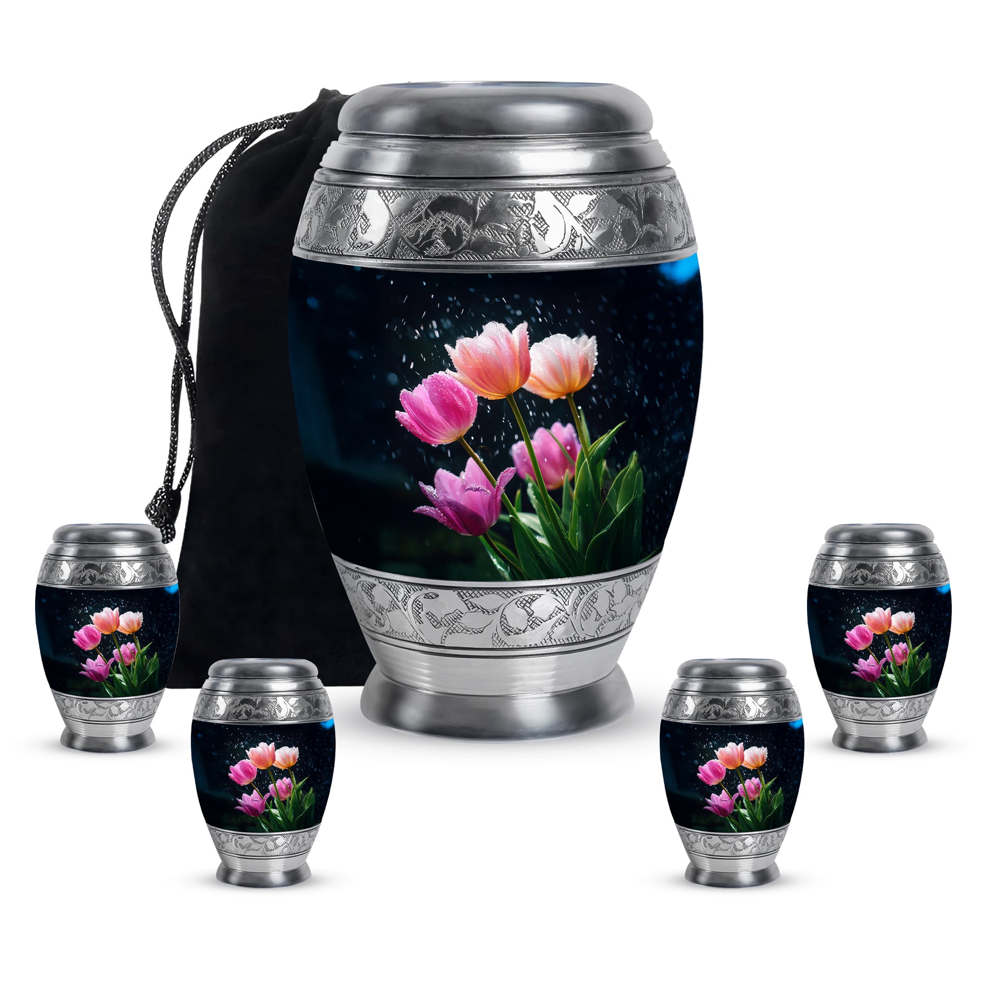 Steel Blue Garden Tulip Cremation Urn detail view - majestic garden tulip pattern with filigree border - memorial set with one large and four small urns