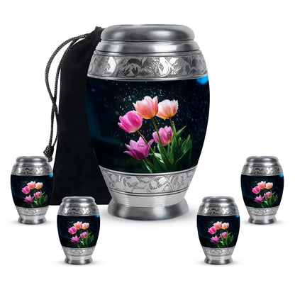 Steel Blue Garden Tulip Cremation Urn detail view - majestic garden tulip pattern with filigree border - memorial set with one large and four small urns