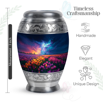 Azure Garden Tulip Cremation Urn lifestyle display on memorial shelf - regal garden tulip design with crown-inspired accents - mini keepsake memorial for portion of cremation ashes