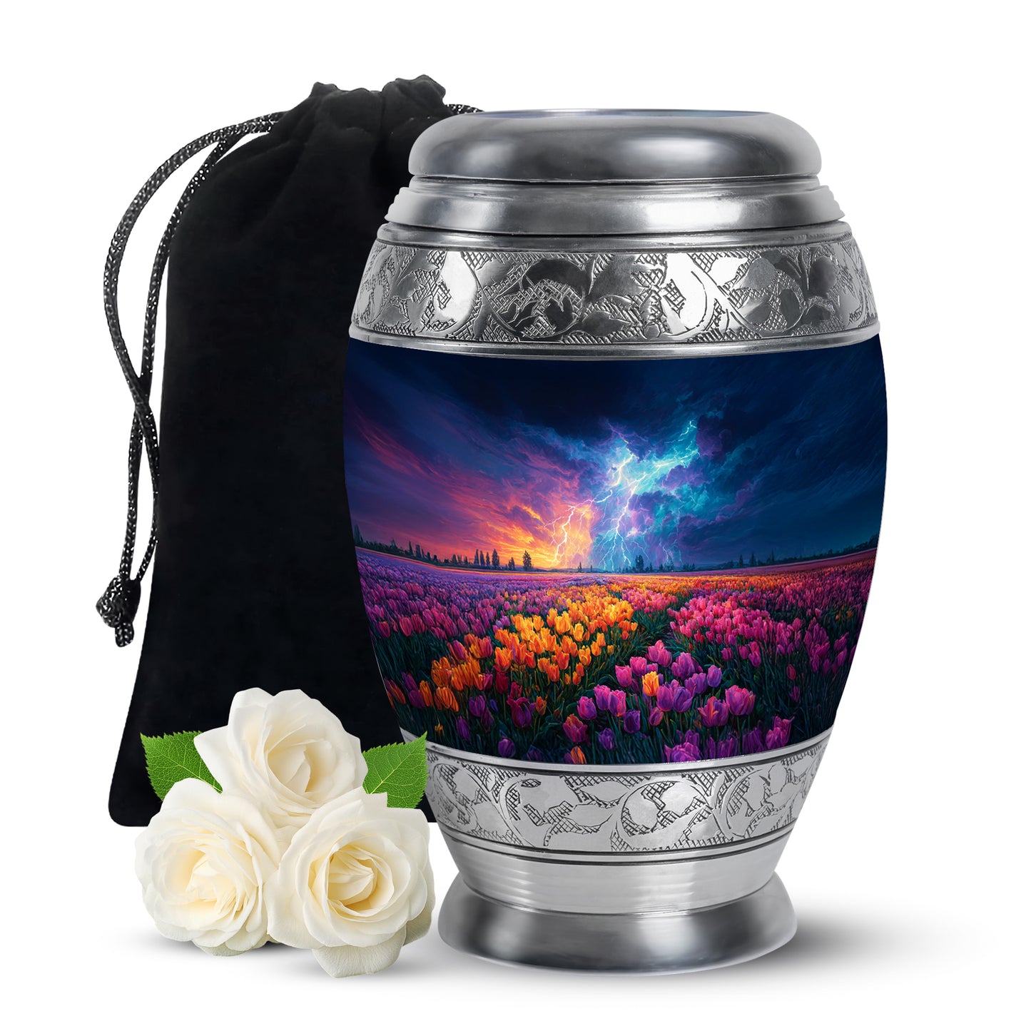 Calming Blue Garden Tulip Cremation Urn back view with polished surface - royal garden tulip engraving with decorative scrollwork - full-size 10 inch 200 cubic inch adult cremation urn