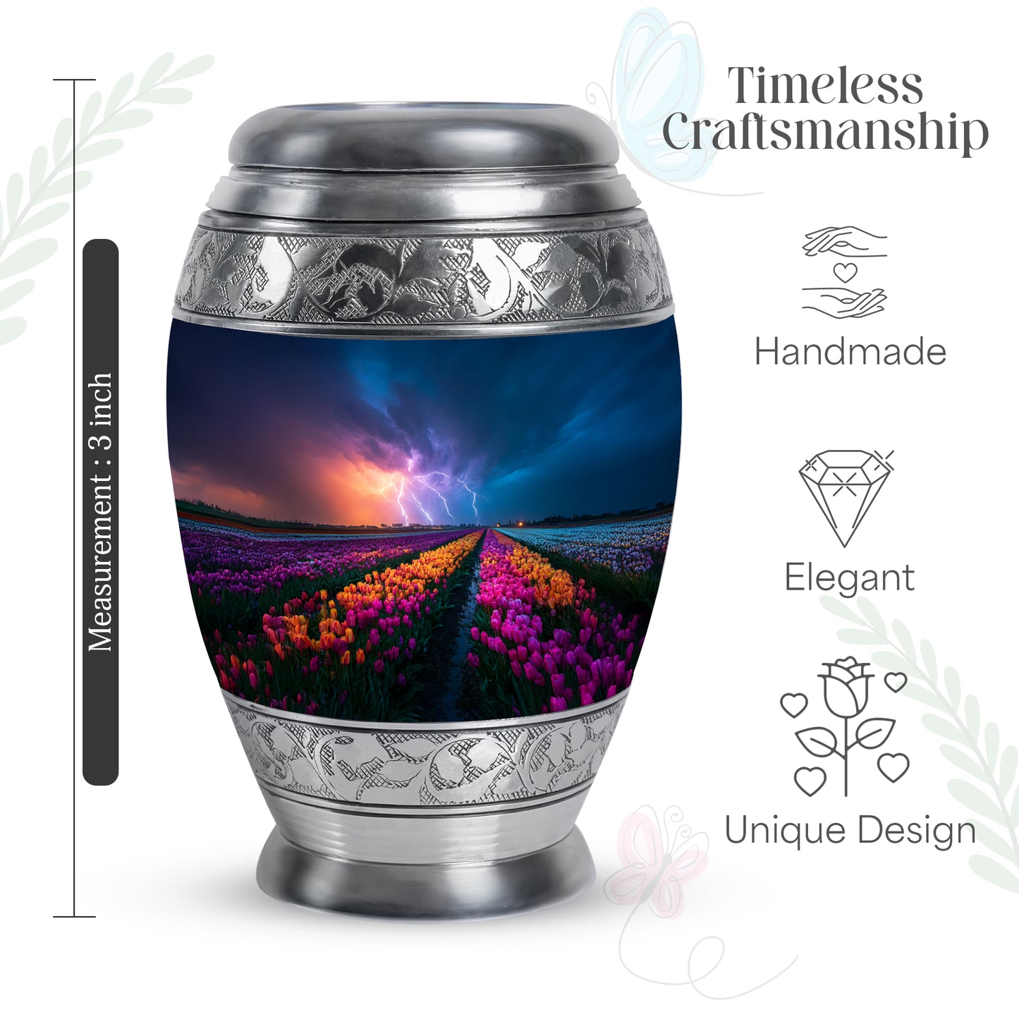 Steel Blue Garden Tulip Cremation Urn lifestyle display on memorial shelf - majestic garden tulip pattern with filigree border - mini keepsake memorial for portion of cremation ashes