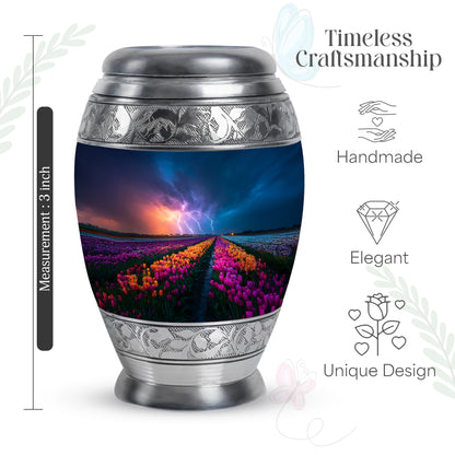 Steel Blue Garden Tulip Cremation Urn lifestyle display on memorial shelf - majestic garden tulip pattern with filigree border - mini keepsake memorial for portion of cremation ashes