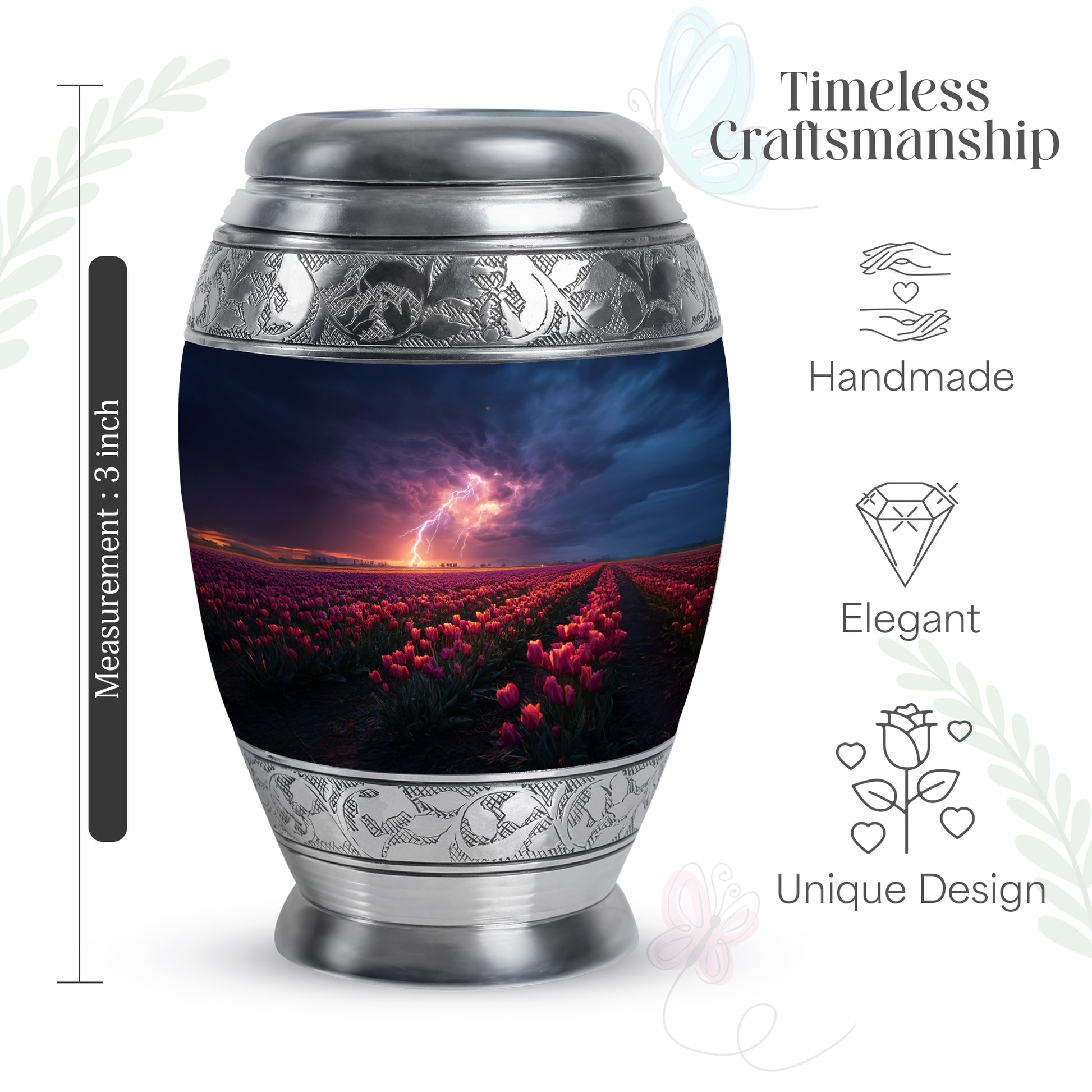 Icy Blue Garden Tulip Cremation Urn lifestyle display on memorial shelf - ornate monarch-style garden tulip relief on brushed aluminum - mini keepsake memorial for portion of cremation ashes