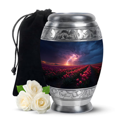 Calming Blue Garden Tulip Cremation Urn back view with polished surface - royal garden tulip engraving with decorative scrollwork - full-size 10 inch 200 cubic inch adult cremation urn