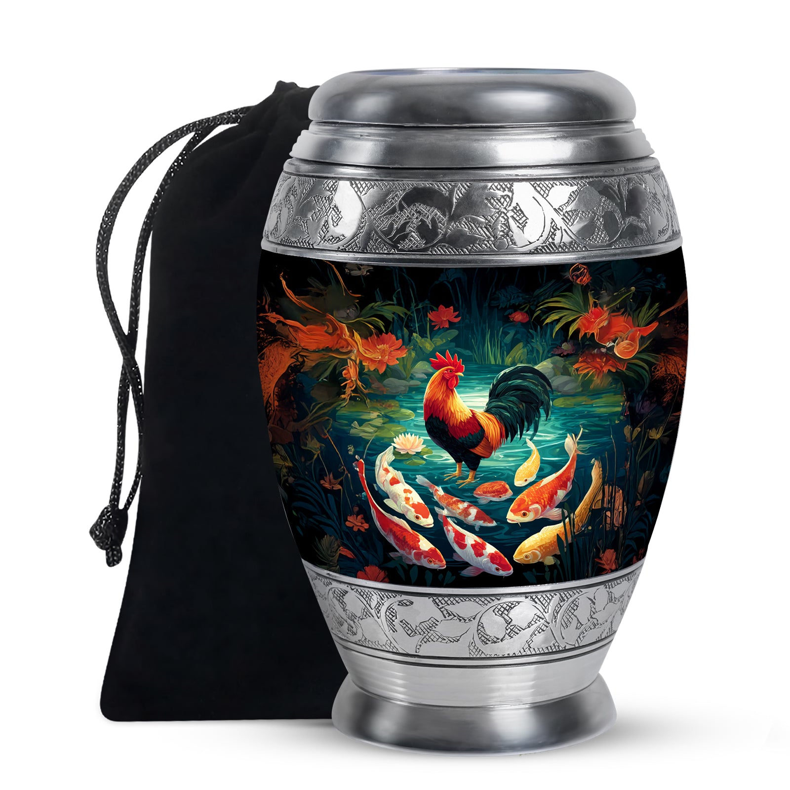 Obsidian Black Hen Cremation Urn back view with polished surface - royal hen engraving with decorative scrollwork - full-size 10 inch 200 cubic inch adult cremation urn