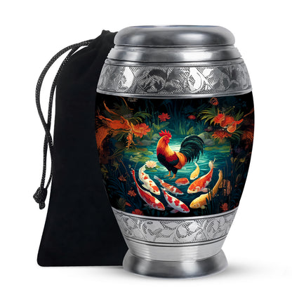 Obsidian Black Hen Cremation Urn back view with polished surface - royal hen engraving with decorative scrollwork - full-size 10 inch 200 cubic inch adult cremation urn