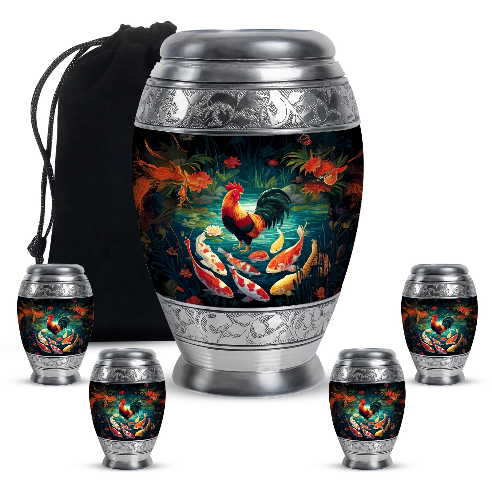 Deep Black Hen Cremation Urn detail view - regal hen design with crown-inspired accents - memorial set with one large and four small urns