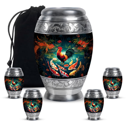 Deep Black Hen Cremation Urn detail view - regal hen design with crown-inspired accents - memorial set with one large and four small urns